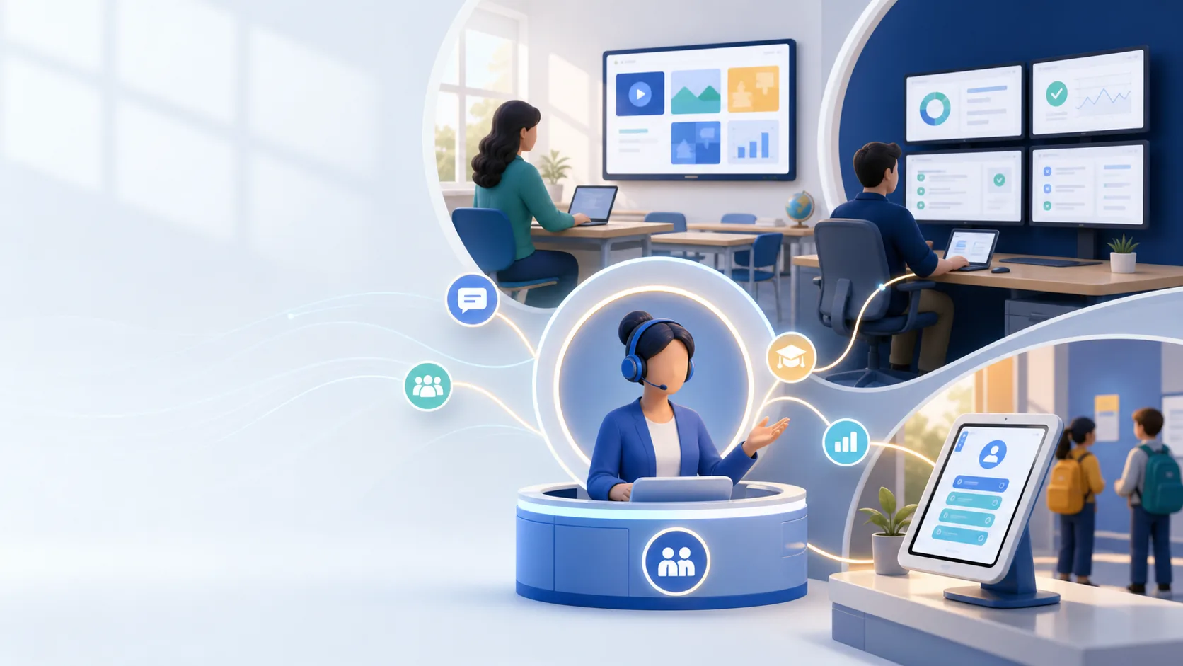 Illustration of a teacher, school technology administrator, support guide, classroom display, and event check-in tablet working together.