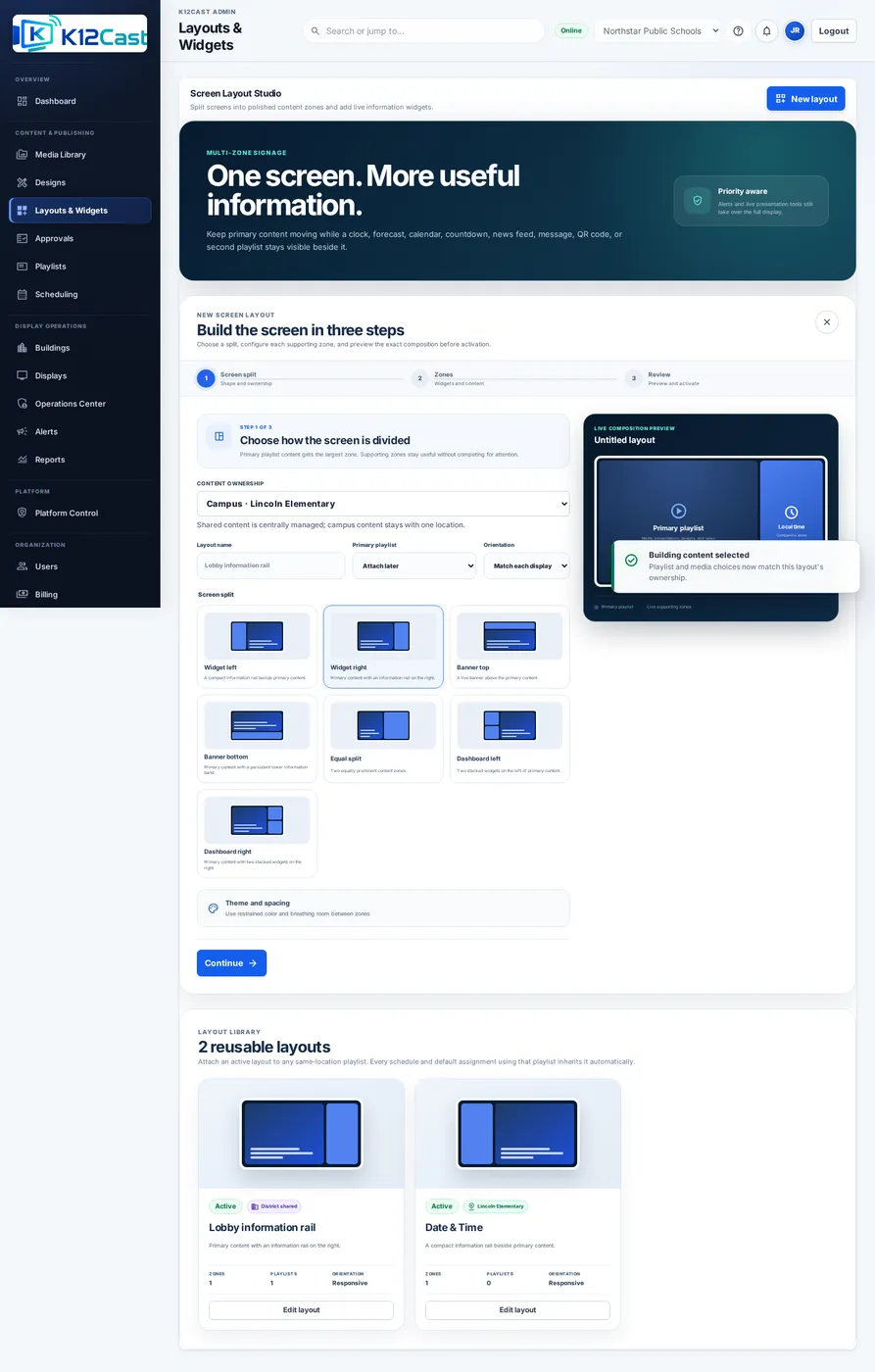 Layouts and Widgets studio with screen split options and live preview.